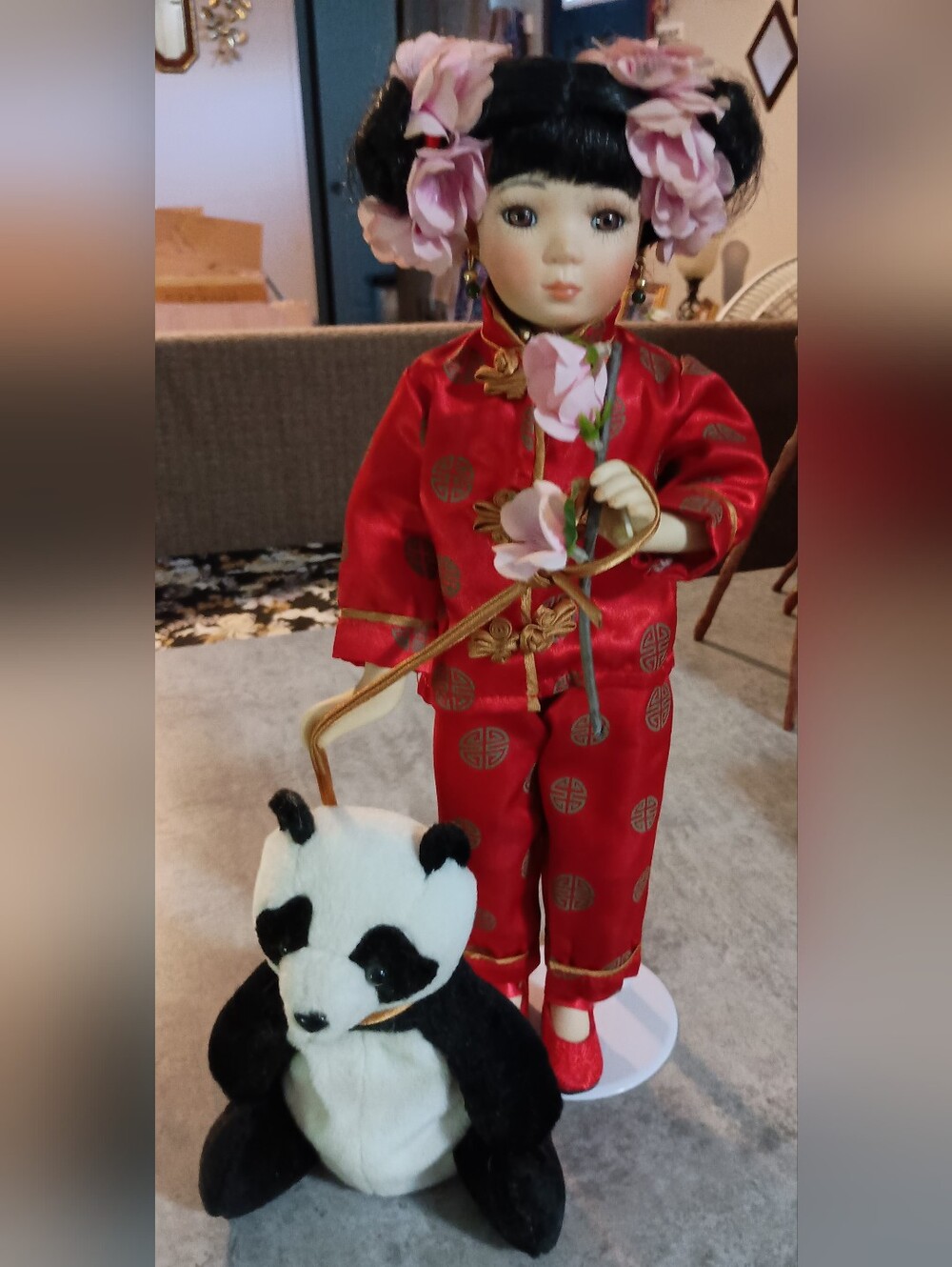 Asian Doll In Red With Pink Flower Accessories and Panda Plush